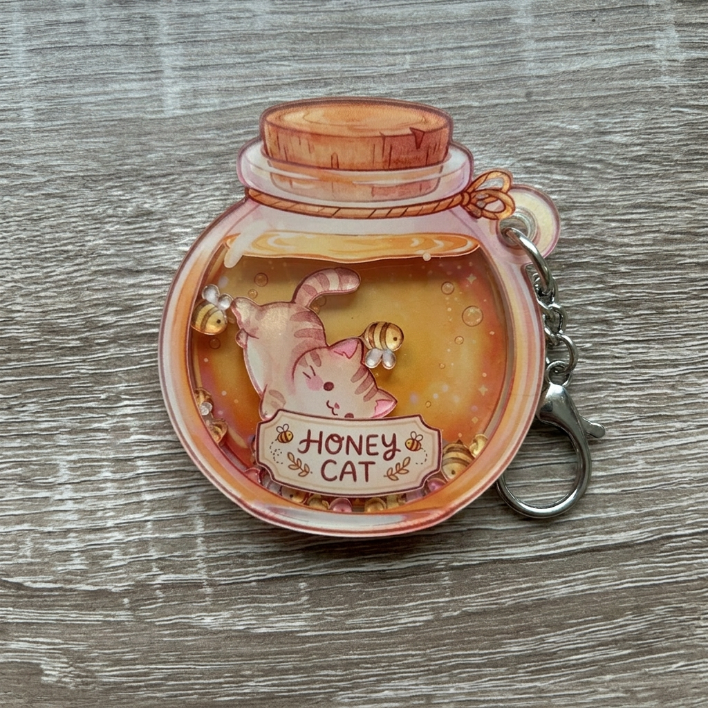 Keychain with a design of a cat in a honey jar labeled 'Honey Cat' on a wooden surface.