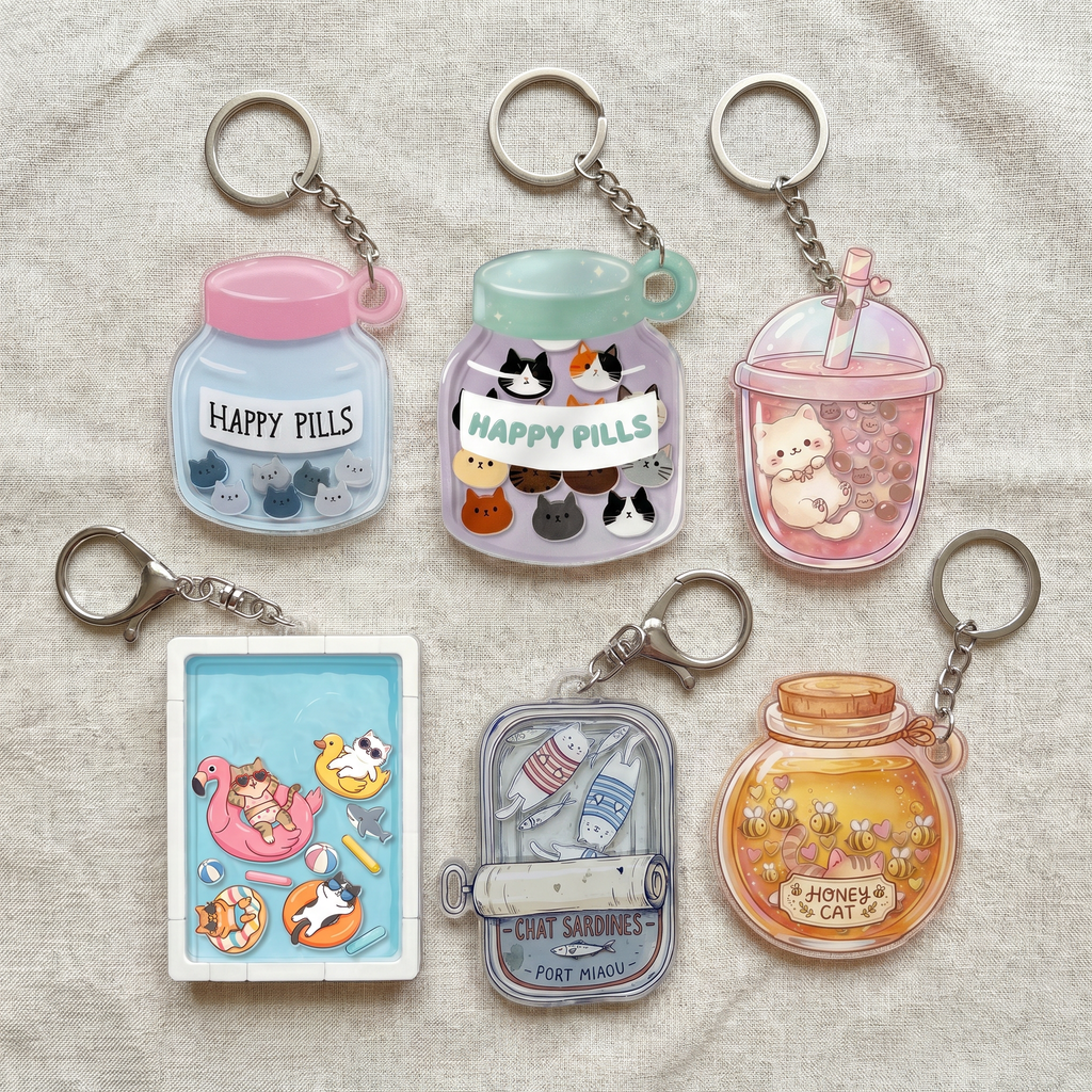 Set of cute keychains with cat designs on a textured fabric background