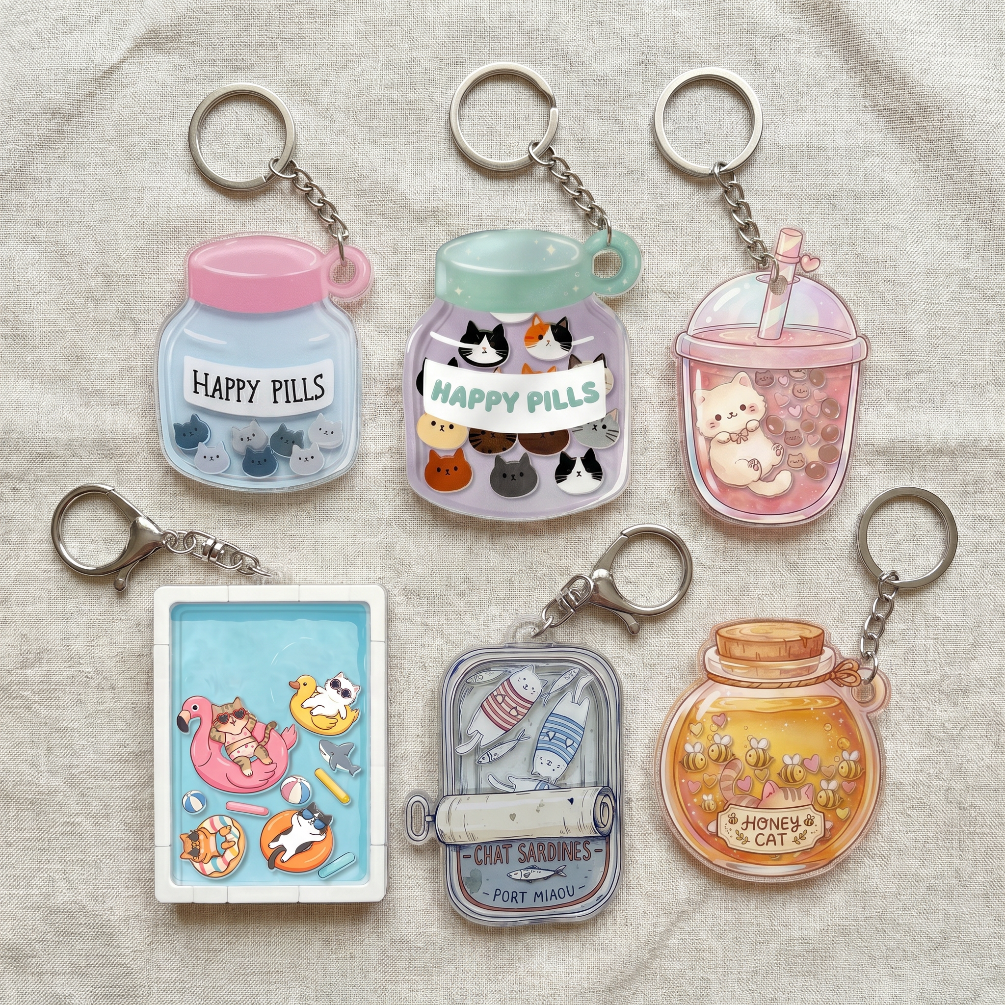 Set of cute keychains with cat designs on a textured fabric background