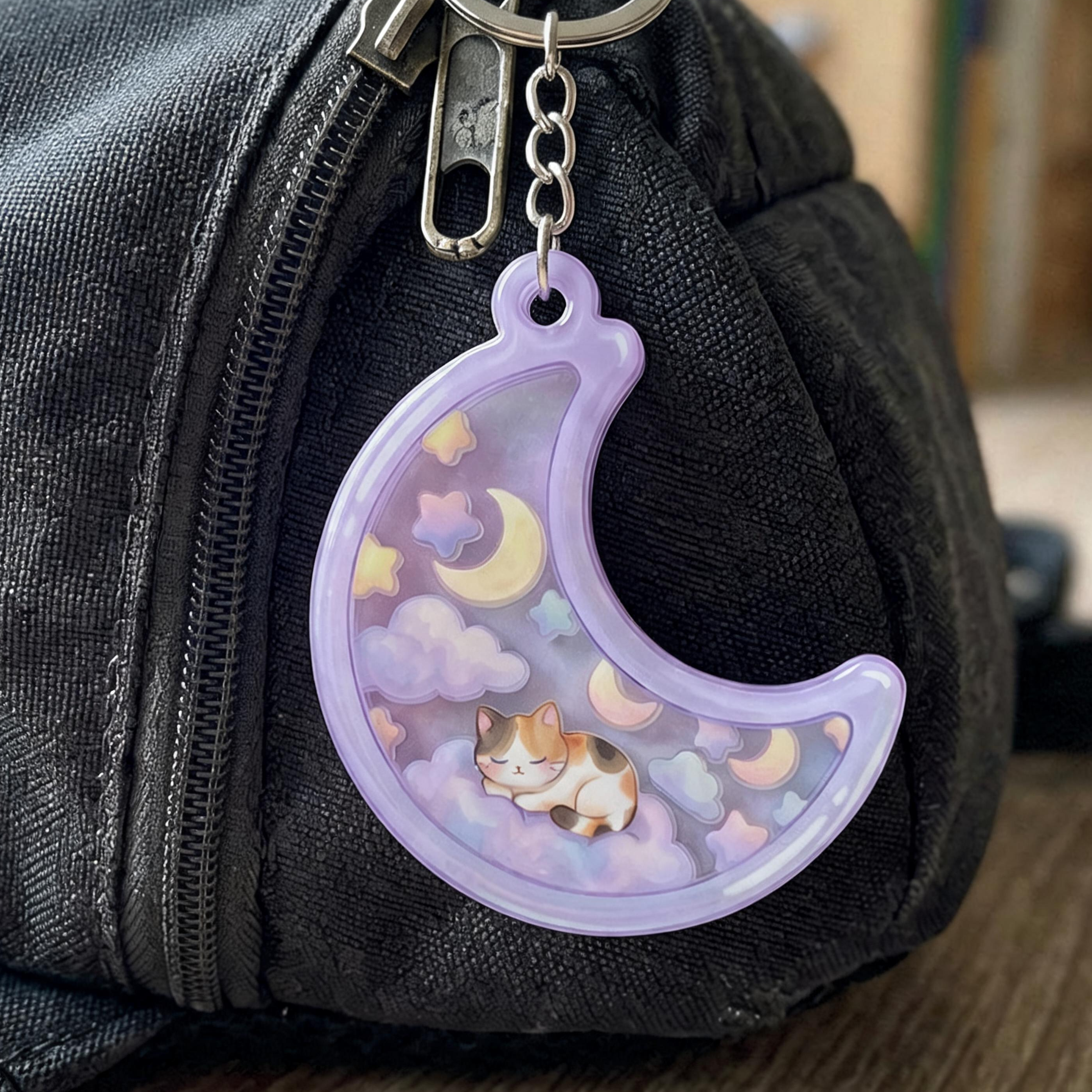 Cresent Moon Kawaii Cat Shaker ADHD Keychain