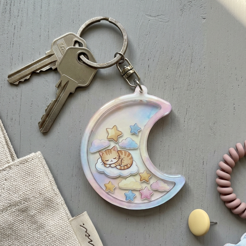 Cresent Moon Kawaii Cat Shaker ADHD Keychain