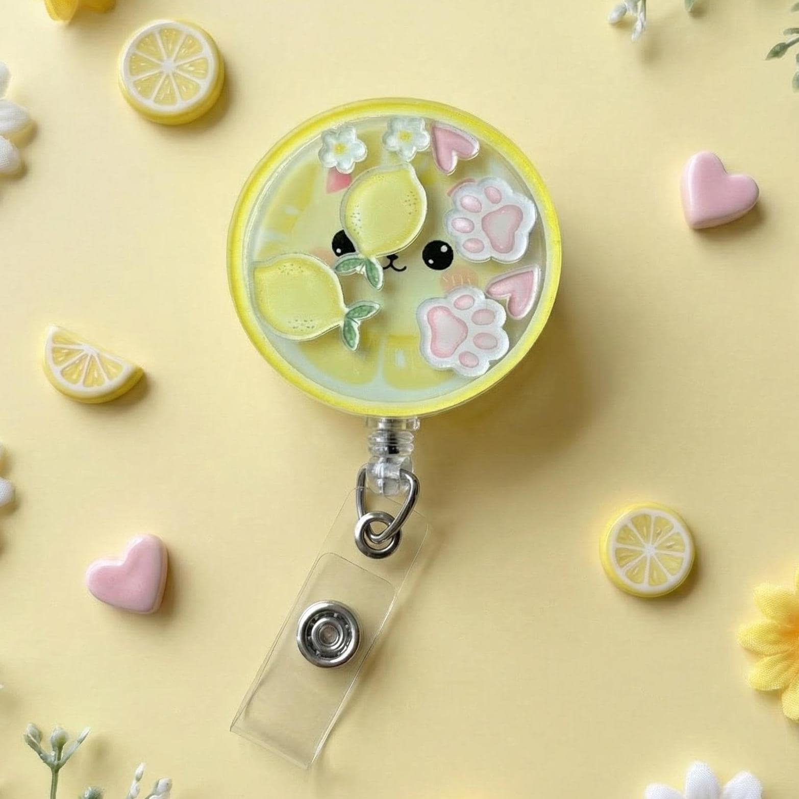 Cute badge reel holder with lemon and paw design on a yellow background