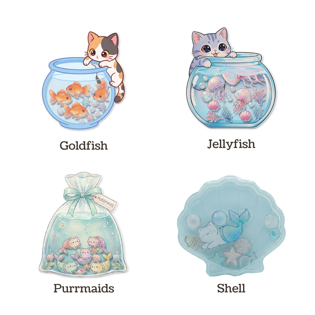 Four cute shaker phone holder designs with cats in aquariums labeled 'Goldfish', 'Jellyfish', 'Purmaids', and 'Shell' on a white background.