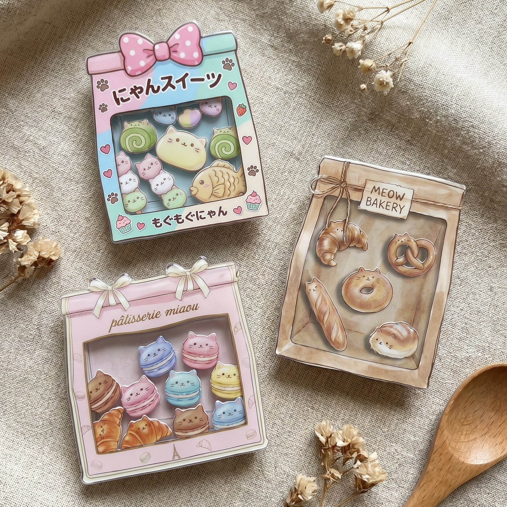 Three shaker phone grips of bakery bags with cute cat designs on a textured surface with dried flowers and a wooden spoon.