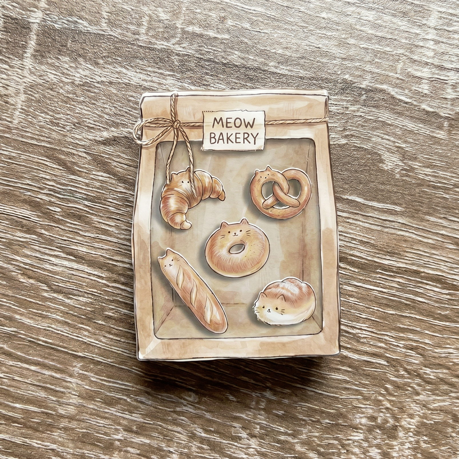 shaker phone grip bakery-themed cat illustrations on a wooden surface