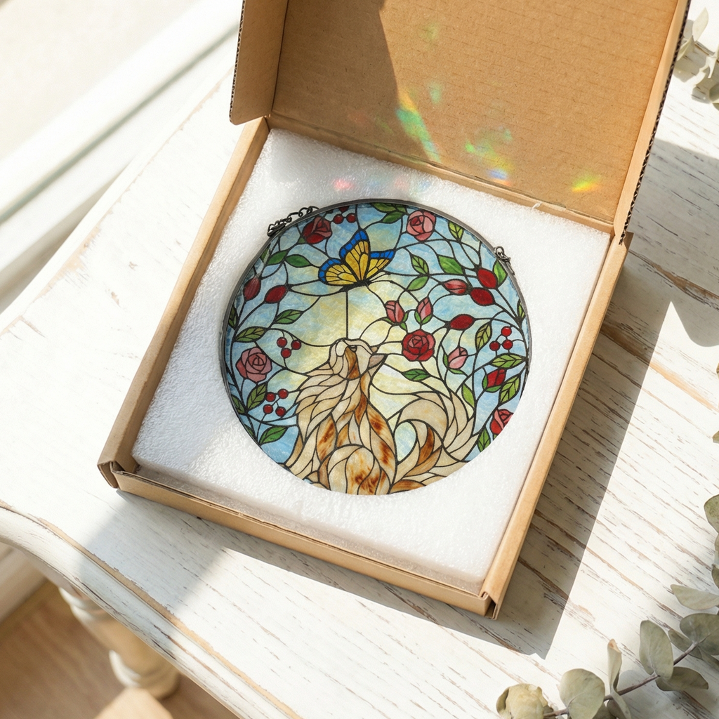 Stained glass sun catcher of a persian cat looking at a butterfly surrounded by flowers and leaves in an open box on a wooden surface.