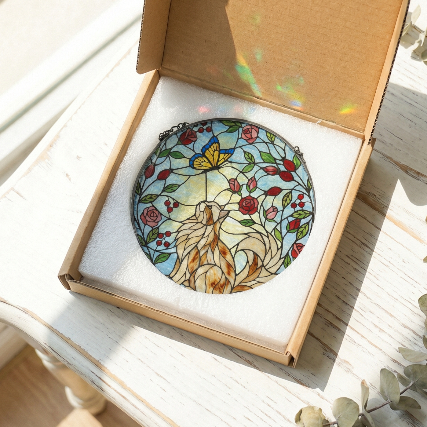Stained glass sun catcher of a persian cat looking at a butterfly surrounded by flowers and leaves in an open box on a wooden surface.