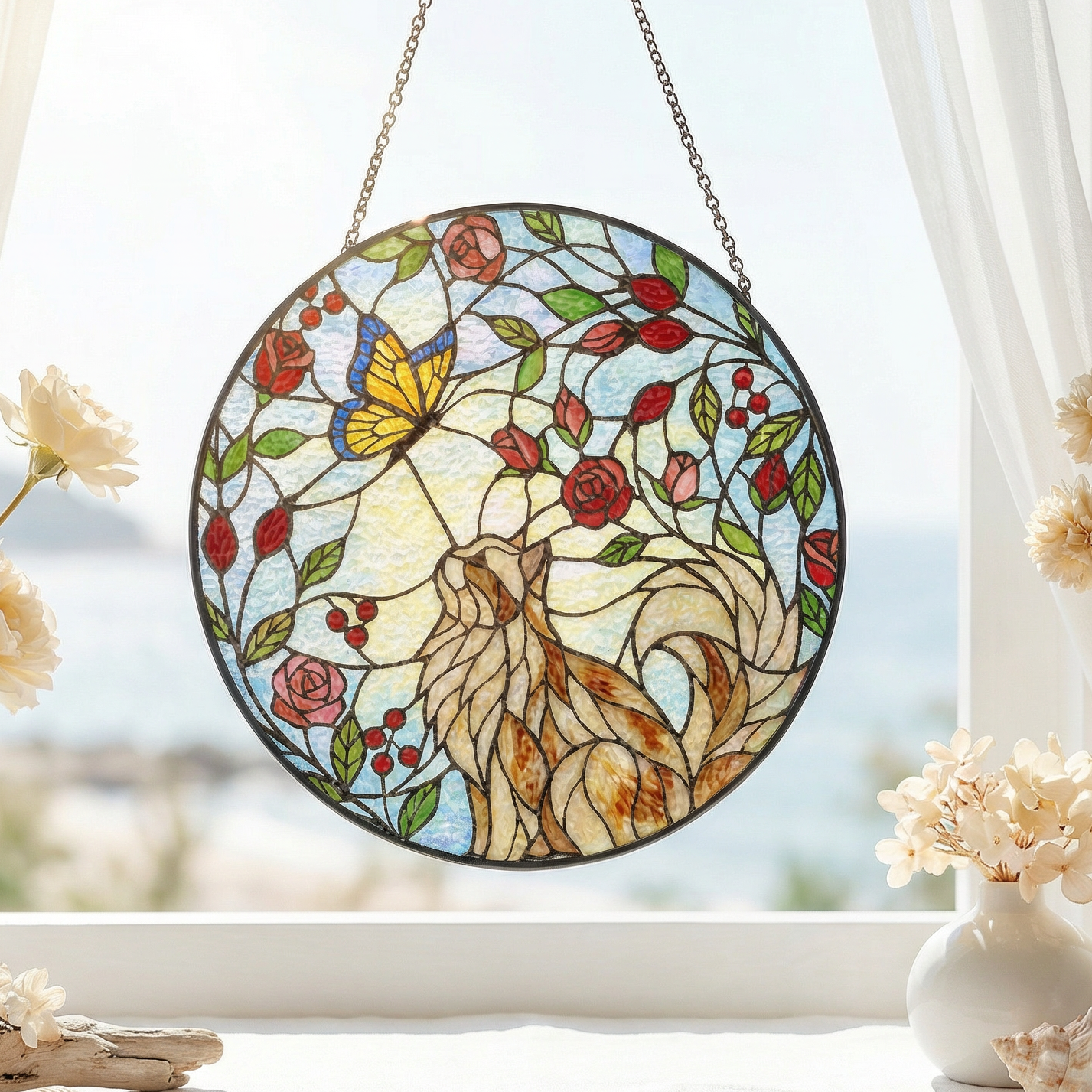 Decorative stained glass sun catcher of a persian cat with floral and butterfly design hanging in front of a window with white curtains.