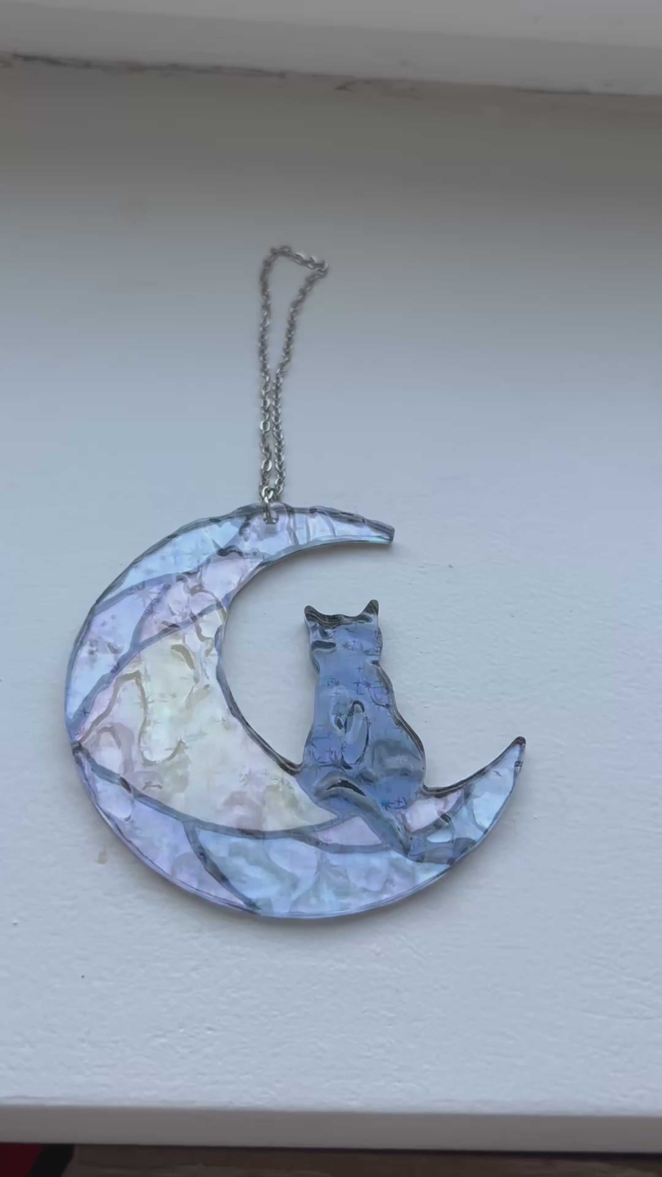 Celestial Moon Black Cat Suncatcher, Holographic Acrylic Window Decor, Double Sided Star Hologram, Dreamy Cat Lover Gift