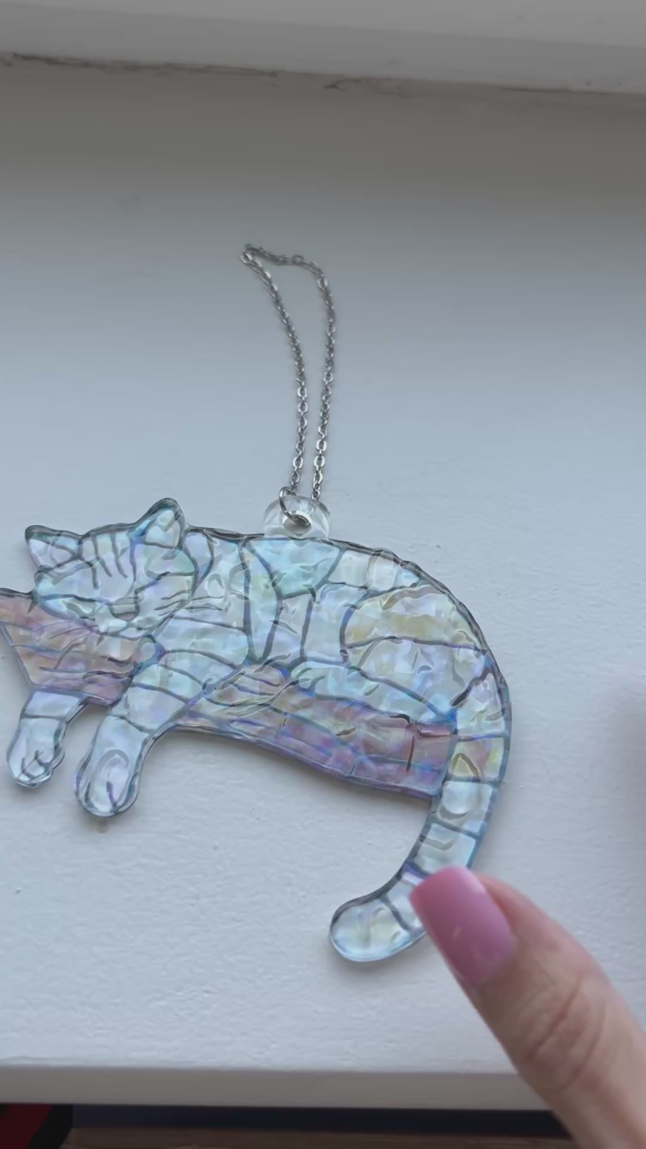 Dangling Cat Sleeping on a Branch Suncatcher, Holographic Rainbow Window Ornament