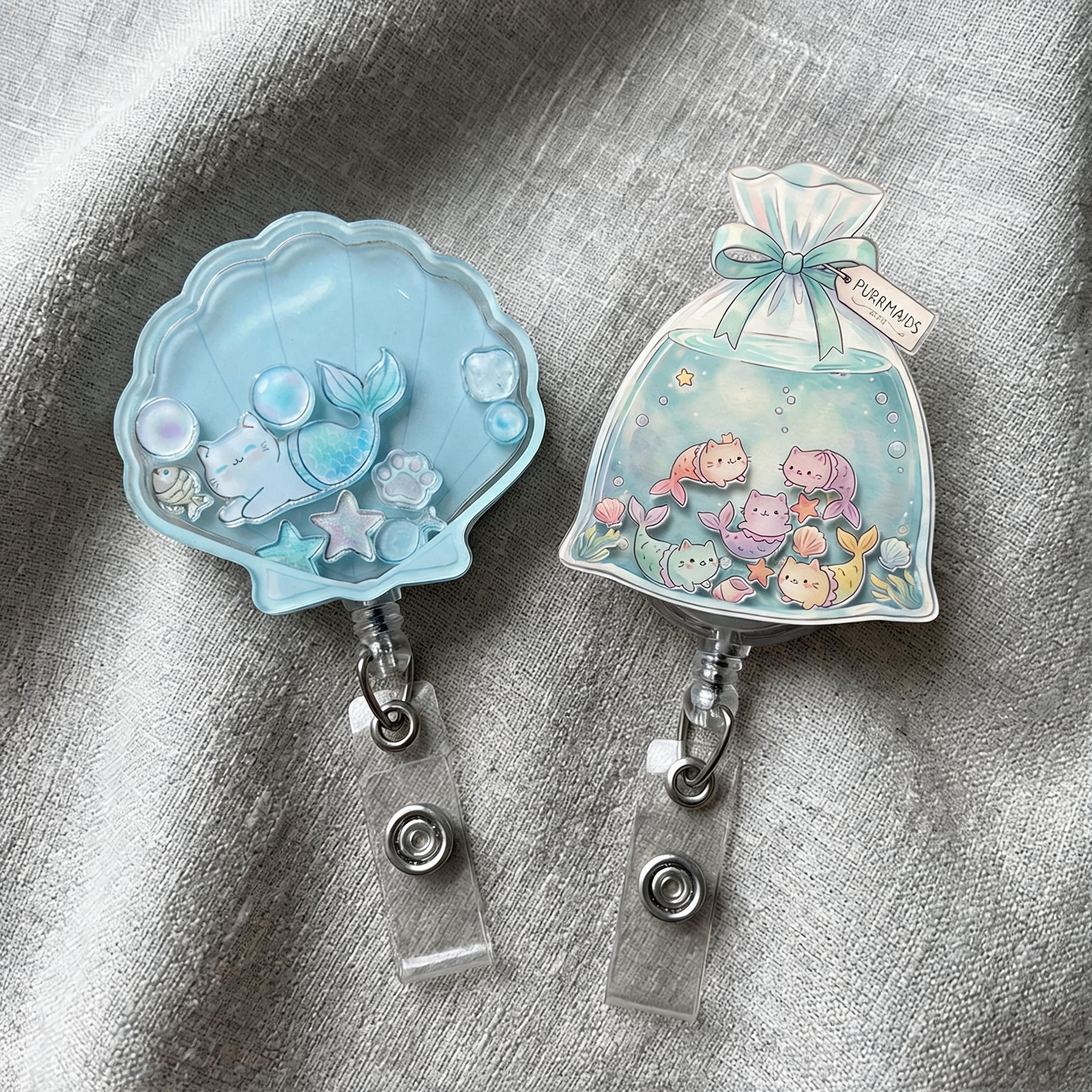 Purrmaid Mermaid Cat Shaker Badge Reel
