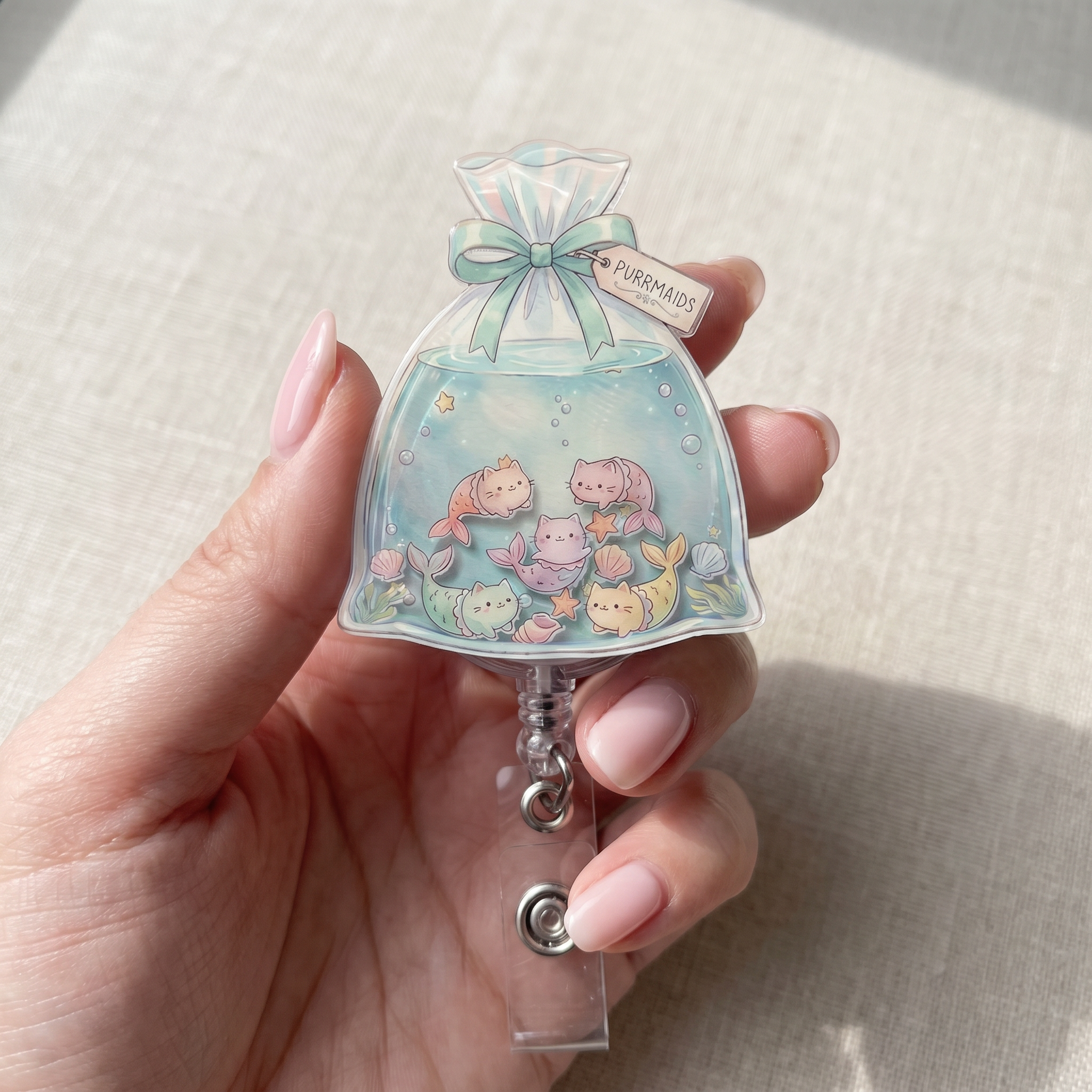 Purrmaid Mermaid Cat Shaker Badge Reel