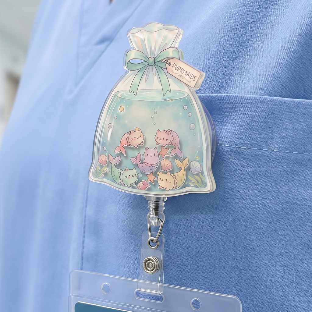 Person wearing blue scrubs with a decorative bag of goldfish badge holder featuring cat mermaids / purrmaids.
