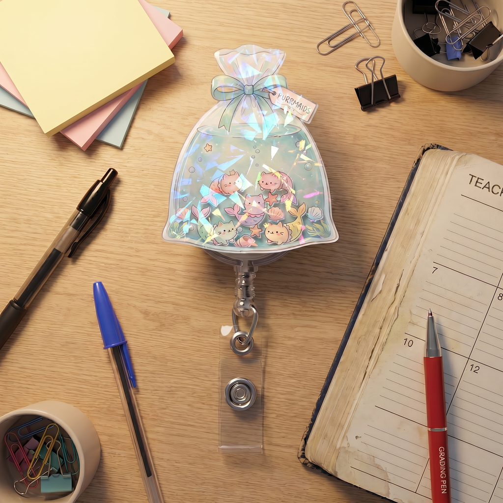 Purrmaid Mermaid Cat Shaker Badge Reel