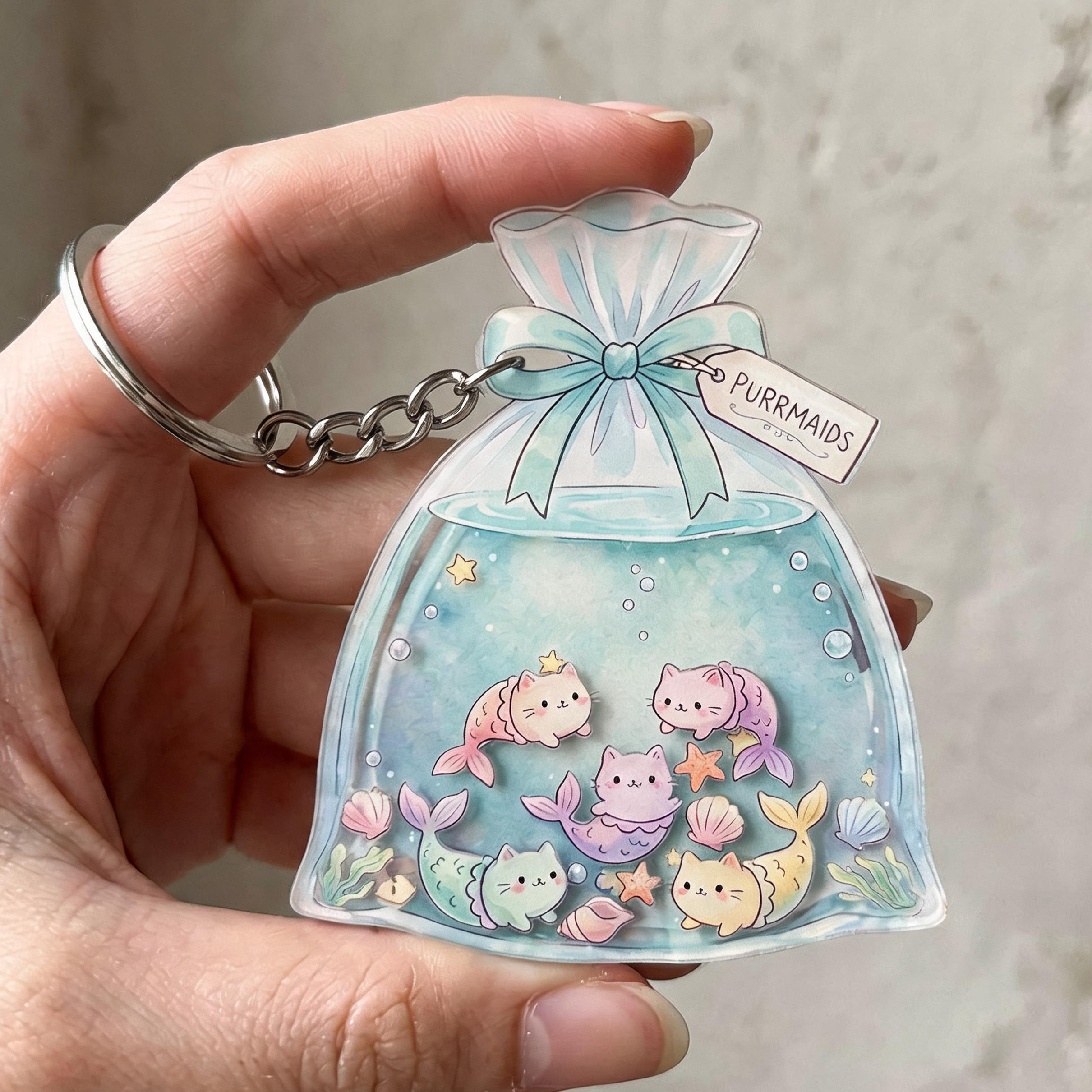 Keychain with cat mermaid-themed design held by a hand against a neutral background