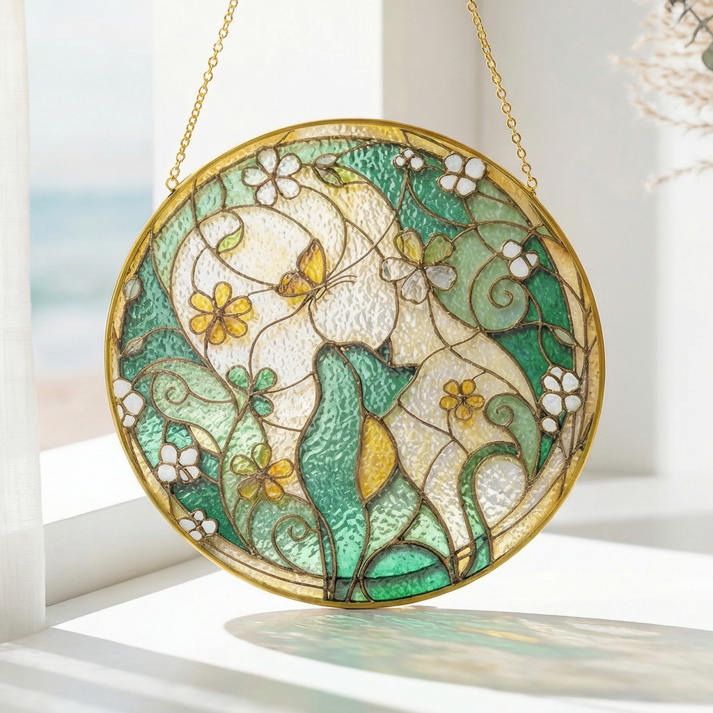Decorative stained glass sun catcher of a cat looking at a butterfly with floral design hanging on a window sill.