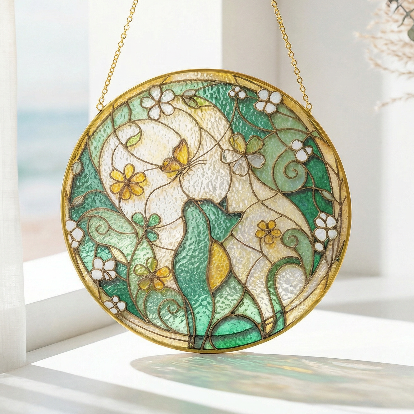 Decorative stained glass sun catcher of a cat looking at a butterfly with floral design hanging on a window sill.