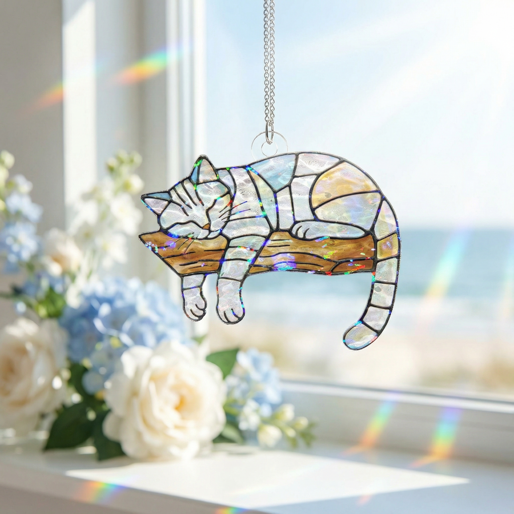 Dangling Cat Sleeping on a Branch Suncatcher, Holographic Rainbow Window Ornament