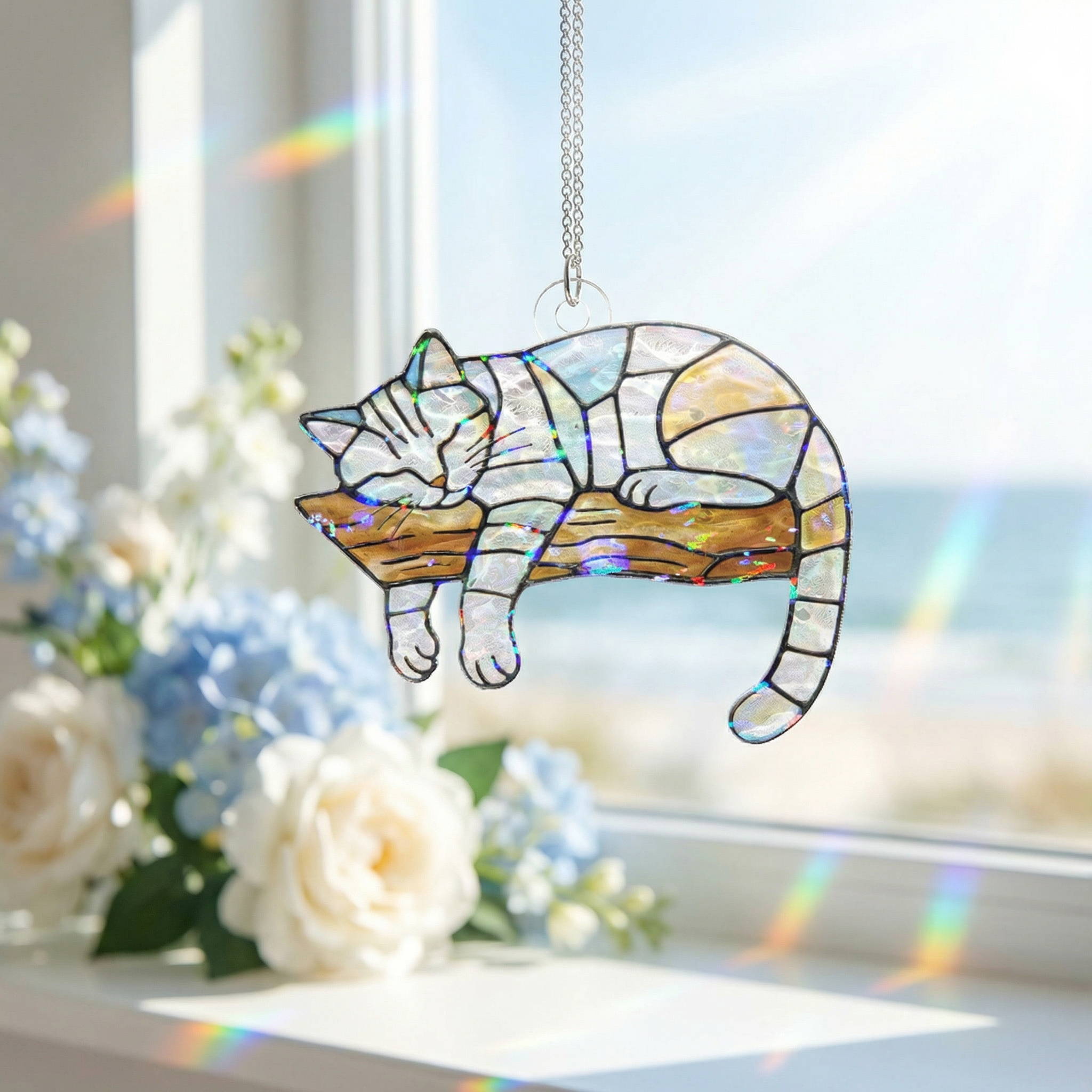 Dangling Cat Sleeping on a Branch Suncatcher, Holographic Rainbow Window Ornament