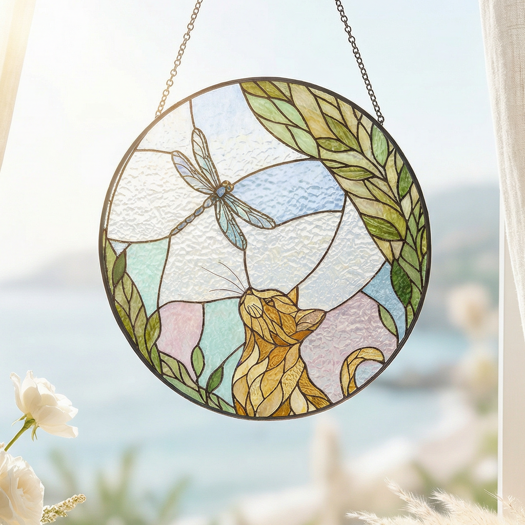 Stained glass sun catcher with a cat and dragonfly design hanging by a window with curtains.