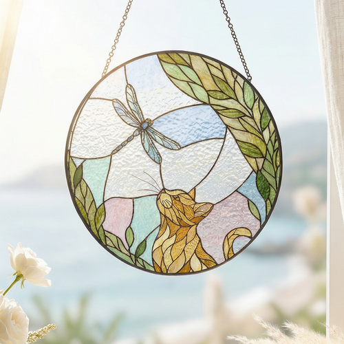 Stained glass sun catcher with a cat and dragonfly design hanging by a window with curtains.