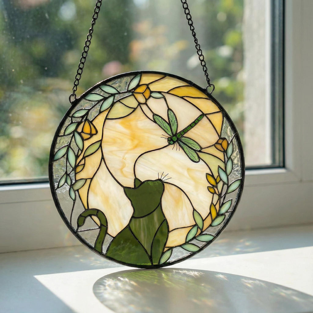 Stained glass sun catcher with a cat and dragonfly design on a windowsill.
