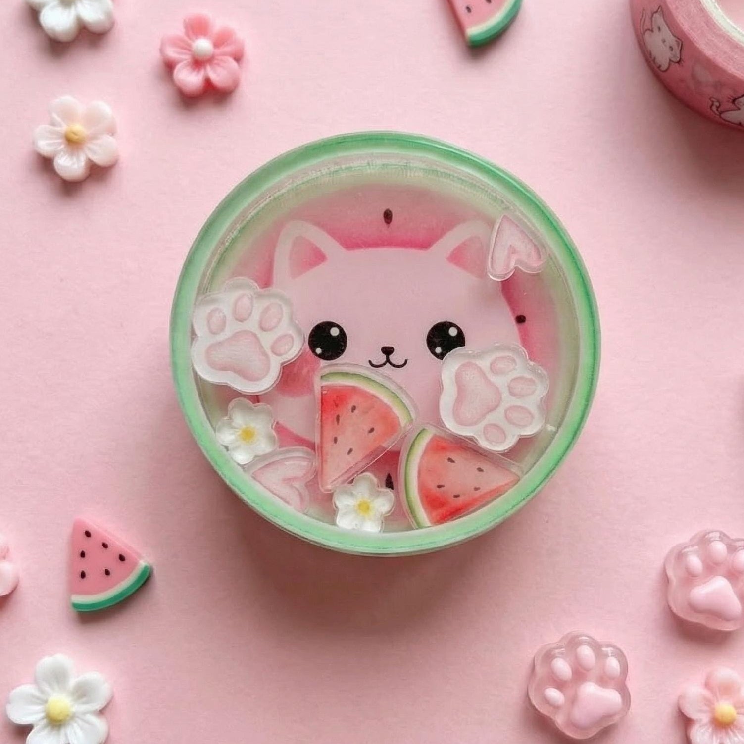 Cute watermelon kawaii cat-themed expandable badge reel on a pink background