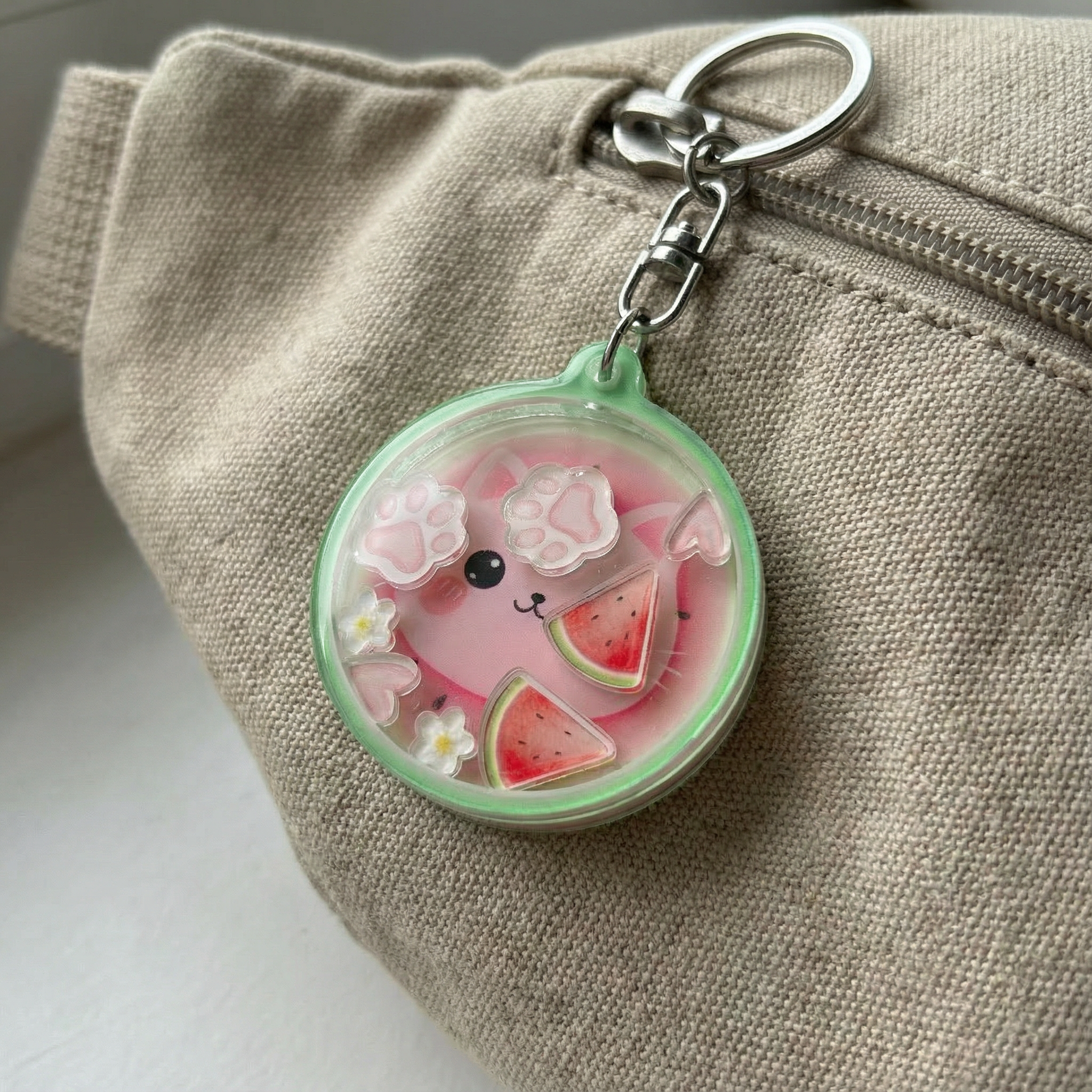 Keychain with watermelon cat design attached to a beige bag
