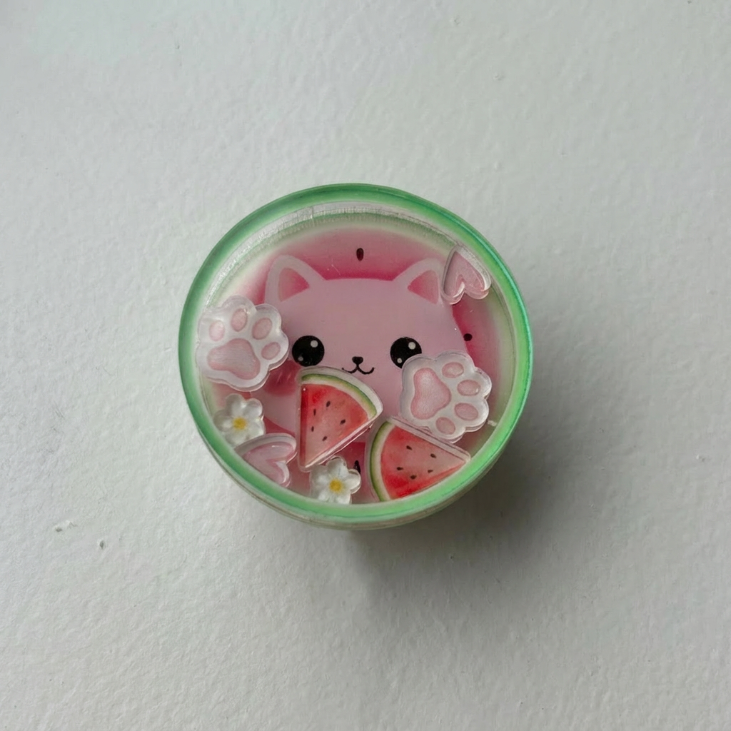 Cute cat-themed phone grip holder with watermelon design on a white background