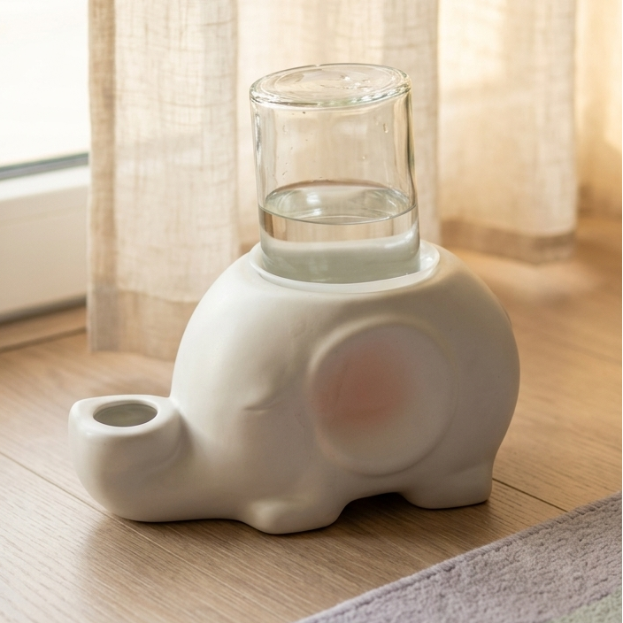 White elephant-shaped gravity glass and ceramic water bowl for no wet cat chins on a wooden floor.